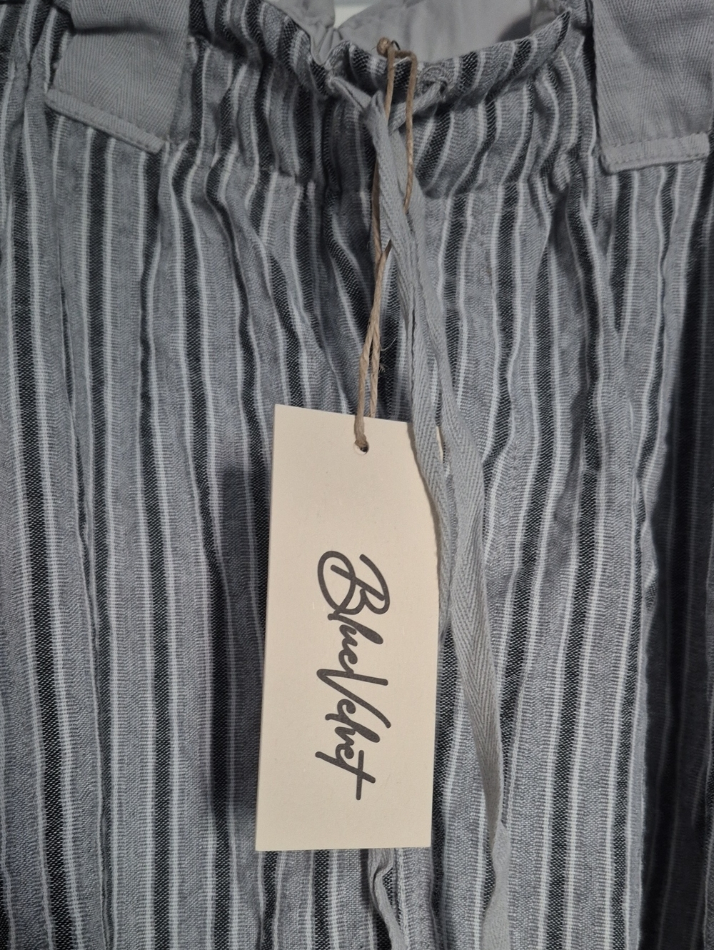 Blue Velvet Boho Striped Paperbag Waist Wide Leg Pants - Gray - Picture 2 of 3